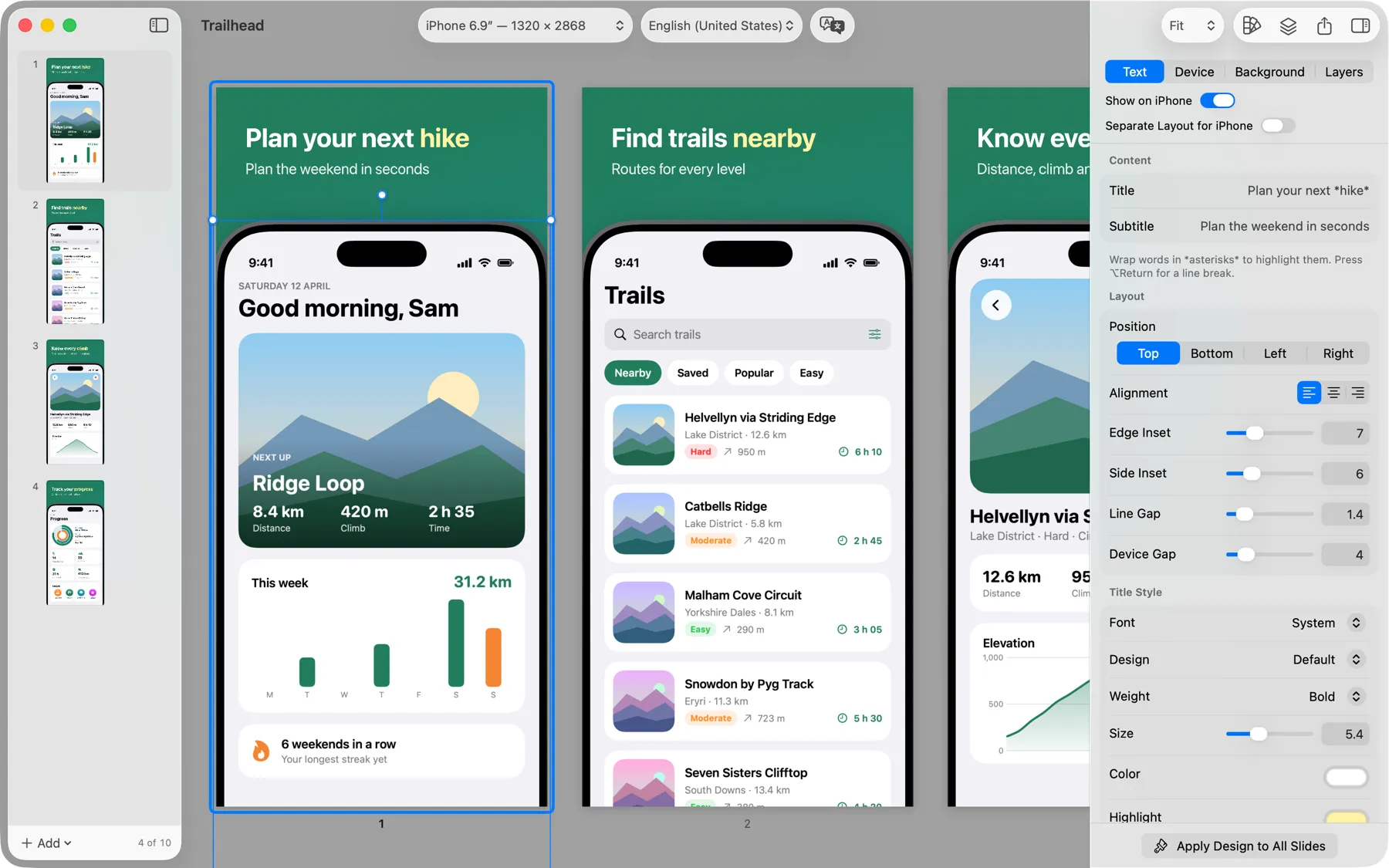 Showpiece's editor with a hiking app's screenshots in device frames, captions above each one.
