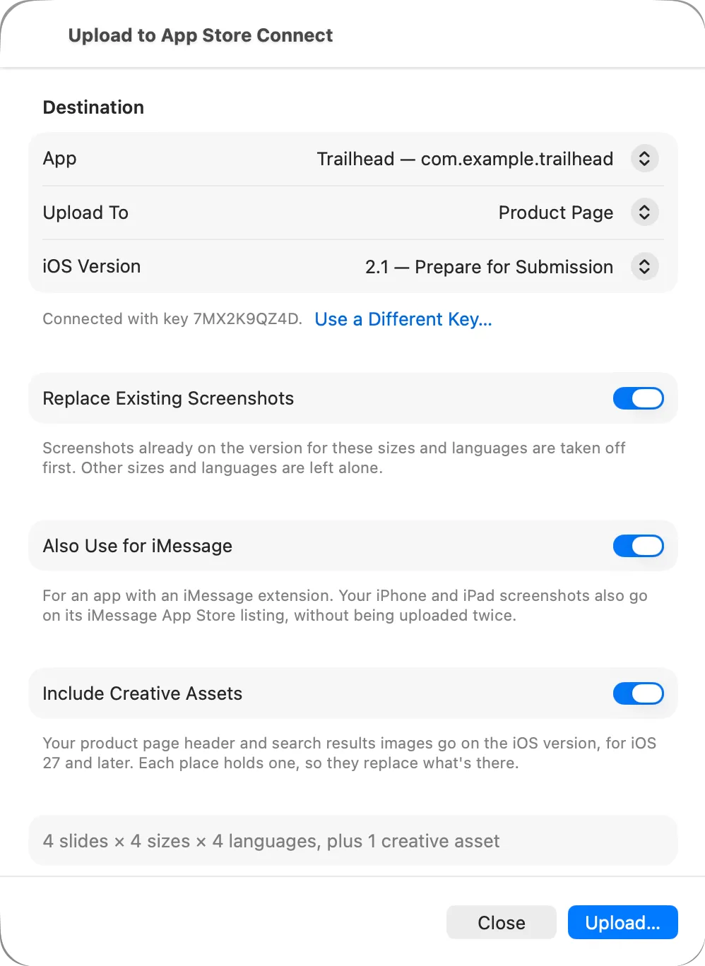 Showpiece's Upload to App Store Connect sheet, set to an app's product page.